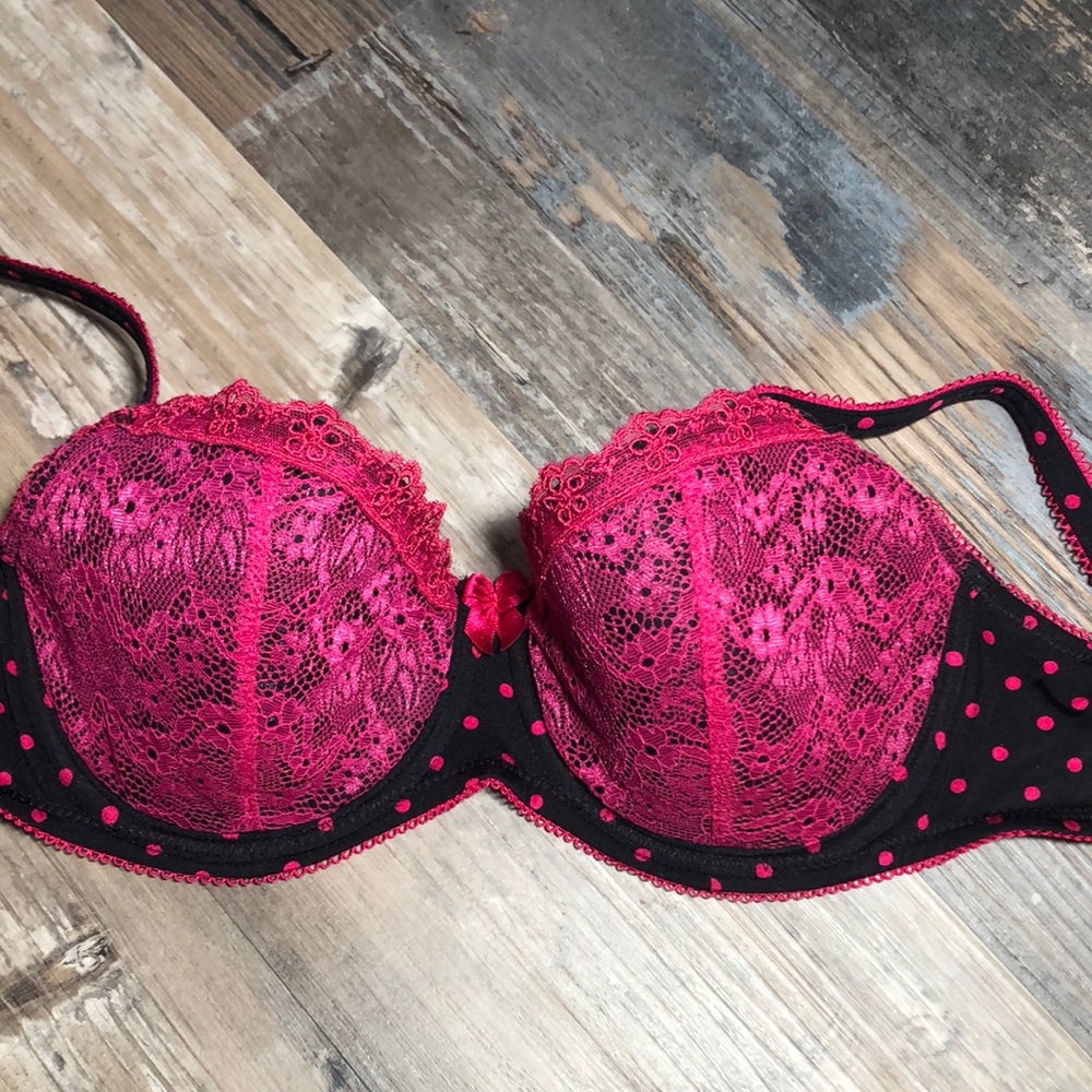 B Tempted black and pink polka dot bra 32D
